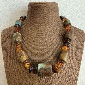 Jay King Turquoise Bead / Amber Nugget and Sterling Silver Necklace